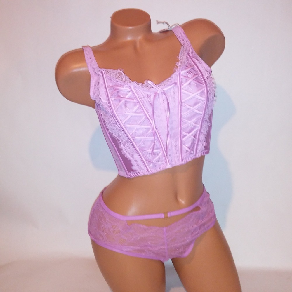 Victoria Secret Bra Set Bustier & Panty Large Pinkish Purple Lace Boned Cheeky - Picture 8 of 14